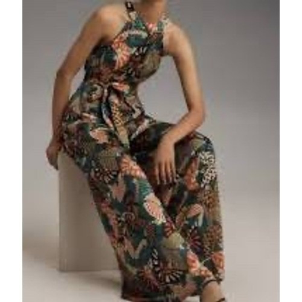 FARM Rio Jumpsuit Green Tropical Butterfly Halter Wide Leg Anthropologie L - Picture 2 of 10